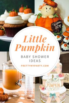 pumpkin themed baby shower party with cupcakes and cakes