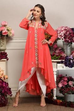 Shop for Seams Pret And Couture Orange Georgette Susan Embroidered Tunic And Tulip Pant Set for Women Online at Aza Fashions Tulip Pants, Asymmetric Tunic, Draped Blouse, Pant Set For Women, Draped Top, Draped Skirt, Sharara Set, Embroidered Neckline, Top Pants Set