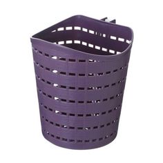 a purple plastic basket with holes in the bottom and sides, on a white background