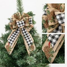 a christmas tree decorated with burlocks and pineconis is shown in three different pictures