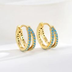 Brand New Women's Double Row Turquoise Huggie Hoop Earrings 14k Gold Plated Sterling Silver Genuine 2ct Natural Turquoise Gemstones 15mm Tall Retail Price $350 Buy With Confidence From A Trusted Seller With A 99%+ Feedback Rating! A0366 (Id-751-) Blue Round Hoop Earrings For Anniversary, Blue Hypoallergenic Hoop Earrings, Blue Small Hoop Earrings With Matching Set, Blue Hypoallergenic Small Hoop Earrings, Blue Hypoallergenic Hoop Jewelry, Hypoallergenic Blue Hoop Jewelry, Blue Small Hoop Huggie Earrings, Elegant Turquoise Huggie Earrings Gift, Blue Hoop Earrings For Gift