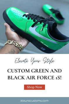 Elevate Your Style with Custom Green and Black Air Force 1s! 🟢⚫ Customizable Black Low-top Sneakers, Customizable Low-top Black Sneakers, Customizable Black Sneakers With Round Toe, Custom Black Sneakers With Round Toe, Black Custom Sneakers With Round Toe, Custom Black Sneakers For Sports, Custom Black Round Toe Sneakers, Customizable Black High-top Sneakers, Custom Black High-top Sneakers