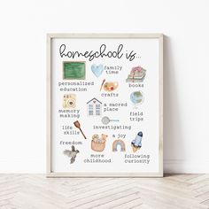 a white framed poster with the words, homeschool is written in different languages