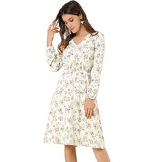 From the sophisticated smock waist to the front button detail, this is an ultra-feminine yet modern take on the midi. This fresh, romantic floral pattern livens up your spring/autumn look. Model Body Size: Height: 5'10", Chest: 33 inches, Waist: 24 inches, Hip: 34 5/8 inches, Weight: 122 lbs., model is wearing an XS. Size: medium. Color: white. Gender: female. Age Group: adult. Material: Polyester. Modest V-neck Midi Dress For Spring, Modest Floral Dress For Spring, Spring Daywear Midi Dress With Ditsy Floral Print, Spring Midi Dress With Ditsy Floral Print For Daywear, Spring Ditsy Floral Print Midi Dress For Daywear, Floral Print V-neck Midi Dress For Daywear, V-neck Floral Print Midi Dress For Daywear, Beige Floral Print V-neck Midi Dress, Beige Midi Dress With Ditsy Floral Print