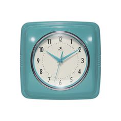 a blue square clock with numbers on the face and hands is shown against a white background