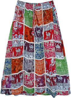 Monarch Patchwork Unique Skirt - This is a summer skirt with colorful floral, paisley and animal inspired patchwork. An amazing vintage look with bohemian, hippie, festival patchwork on a midi length(middle of calf) skirt. A straight style skirt with an elastic gathered waist, a distinct new style - patchwork with lace separating the patches. The classic patchwork look becomes even more fascinating with a complementary selection of the patches in fascinating color tones. The patches are hand sti Bohemian Multicolor Festival Skirt, Bohemian Multicolor Skirt For Festivals, Multicolor Hippie Skirt For Festivals, Hippie Festival Skirt, Multicolor Patchwork Summer Skirt, Casual Multicolor Floral Patchwork Skirt, Multicolor Skirt For Festivals, Casual Patchwork Skirt For Festival, Bohemian Festival Skirt With Patchwork