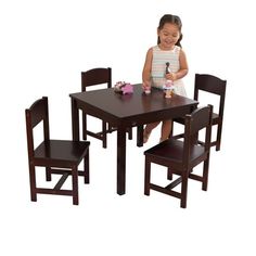 Every child needs their very own workspace. Sized just right for them, the durable and good-looking KidKraft Farmhouse Table & 4 Chair Set is the perfect place for up to four kids to play a game, enjoy a snack, craft some art or simply visit with each other. Simply and classically designed, it will look great in a playroom, bedroom or living area. Made of durable wood and with a traditional espresso finish, this set fits in anywhere in your house. Rounded corners provide extra safety. Easy to as Wooden Farmhouse Table, Kids Play Table, Farmhouse Table Chairs, Ikea Table, Wooden Farmhouse, Toddler Table, Table And Chair Set, Play A Game, Four Kids