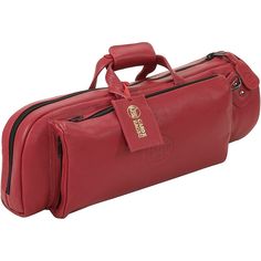 a red leather duffel bag with a tag on the front and two compartments for storing items