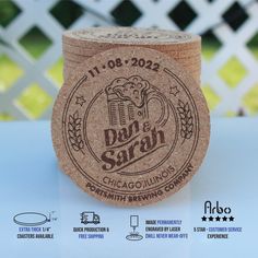 a cork coaster with the words dan & saran on it and an image of a beer mug