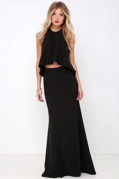 Cool, Calm, and Collected Black Two-Piece Maxi Dressat Lulus.com! Formal Dresses Long Lace, Two Piece Evening Dresses, Cool Calm And Collected, Formal Dresses For Men, Dresses For Juniors, Dresses Lulus, Dresses Club, Black Two Piece, Club Party Dresses