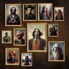 many portraits of people with long hair and beards are arranged on a brown background