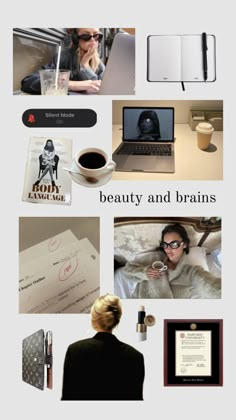 a collage of photos with the words beauty and brains on it, including an image of a woman sitting at her desk