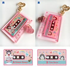 two pink cassette keychains with cartoon characters on them