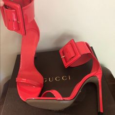 Nbw Size 37(7). Cones W/ Shoe Box And Dust Bag. Perfect Condition. Heel Is Approx 4 Inches Designer High Heel Heels With Buckle Closure, Designer Red Heels With Buckle Closure, Gucci Luxury Heels With Red Sole, Luxury Gucci Heels With Red Sole, Gucci Party Heels With Buckle Closure, Modern Formal Gucci Heels, Gucci Ankle Strap Patent Leather Heels, Gucci Patent Leather Ankle Strap Heels, Gucci Ankle Strap Heels For Office