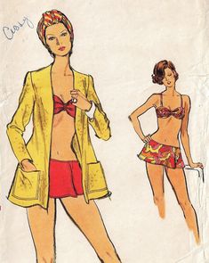 Misses Swimsuit and Cover Up:  Two-piece swimsuit has lined to edge bra with elasticized loop at center front, back closing and narrow straps.  Mock wrapped shorts and under briefs are darted into inside ribbon waistband; topstitching.  Cardigan cover-up has full length sleeves and patch pockets, topstitching. Pattern printed circa 1970's by Vogue, and is in factory folds.  This is an original sewing pattern with all of the original pattern pieces and instructions. This is NOT a PDF or copy, and 70s Swimwear Vintage Swim, Swimsuit Under Clothes Outfit, Fitted Partially Lined Swimwear For Beach, Retro Fitted Lined Swimwear, Fitted Beachwear Swimwear Partially Lined, Fitted Vacation Swimwear Partially Lined, Fitted Partially Lined Swimwear For Vacation, Partially Lined Fitted Swimwear, Vintage Lined Swimwear For Vacation