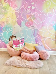 "Kids Sweet Heart" Wallpaper Mural This bright, colorful and energetic wallpaper design has everything you need for your kids/teens bedroom makeover. Blues, pinks and yellows fill the backdrop of this abstract wallpaper design while glowing hearts and all the feels. This wallpaper mural is perfect for a teen bedroom, dorm room or kids play area. The wallpaper mural design is packed with colors, textures and hearts and will transform any kids/teens interior design project into the coolest room in Girl Mural Bedroom Ideas, Colorful Teen Bedroom, Pre Teen Girls Bedroom Wallpaper, Heart Mural On Wall, Rainbow Kids Room Wallpaper, Pink Mural Kids Room, Purple Mural Kids, Girls Bedroom Mural, Teen Bedroom Makeover