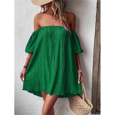 -Item Id 18470149.Html?Mallcode=1&Zeedropid=1656310 -Color: Green -Style: Casual -Pattern Type: Plain -Neckline: Off The Shoulder -Sleeve Length: Half Sleeve -Type: Tunic -Sleeve Type: Puff Sleeve -Waist Line: Natural -Hem Shaped: Straight -Length: Knee Length -Fit Type: Loose -Fabric: Non-Stretch -Material: Woven Fabric -Composition: 95% Polyester, 5% Elastane -Care Instructions: Machine Wash Or Professional Dry Clean -Sheer: No **Open To Offers!!!** **Bundle To Save More** **30% Off Bundles Of Green Pleated Mini Dress For Spring, Flowy Solid Color Mini Dress For Vacation, Green Pleated Dress For Summer, Green Solid Color Dress For Vacation, Green Solid Color Vacation Dress, Summer Off-shoulder Pleated Midi Dress, Summer Pleated Off-shoulder Midi Dress, Casual Off-shoulder Mini Dress In Solid Color, Green Pleated Knee-length Mini Dress