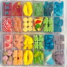 a plastic container filled with lots of different types of candies