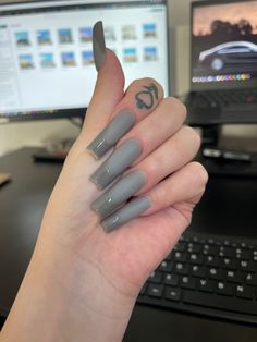 Matte Grey French Tip Nails, Grey Nails With French Tip, Grey French Tip Nail Designs, Grey French Tip Acrylic Nails, Matte With Gloss Tip Nails, Matte And Glossy French Nails, Matte Glossy French Tip, Gray French Nails, Grey Square Nails