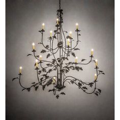 a chandelier with many lit candles hanging from it's center and leaves on the bottom