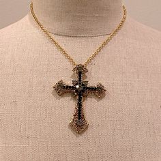 Beautiful Black Jewel Encrusted Cross On Gold Chain Which You Can Adjust The Length Condition New W Tags Womens Necklace Black Cross Jewelry With Adjustable Chain, Black Costume Jewelry With Rhinestones, Black Rhinestone Costume Jewelry, Black Metal Necklace With Rhinestones, Black Jewelry With Rhinestones As A Gift, Black Jewelry With Adjustable Chain And Cross Pendant, Black Cross Pendant Clavicle Chain Jewelry, Black Rhinestone Costume Jewelry Necklace, Black Cross Pendant Chain Necklace