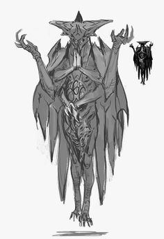 a black and white drawing of a demon standing next to a bird on its back