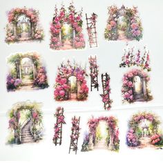 a bunch of stickers that are on top of a white surface with pink flowers