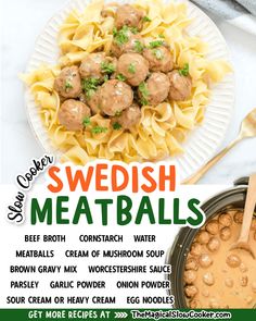 a flyer for swedish meatballs with broccoli and gravy on the side