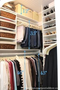 the closet is full of clothes and shoes, with measurements for each item in it