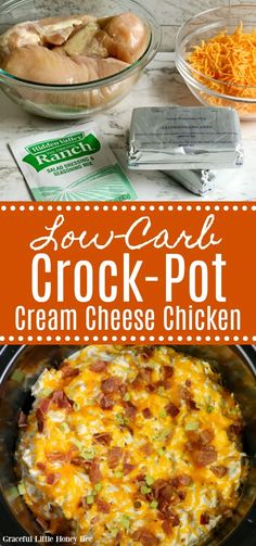 crock pot cream cheese chicken recipe in the crock pot with text overlay