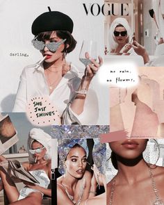 the collage shows different images of women in white clothing and accessories, one woman holding a wine glass