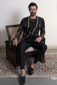 Black raw silk bandhgala with flower vine embroidery using vivid cutdana beads. Paired with an inner kurta and straight fit trouser. - Aza Fashions Flower Vine Embroidery, Raw Silk Embroidery, Vine Embroidery, Flowering Vines, Silk Embroidery, Fitted Trousers, Raw Silk, Embroidery Flowers, Aza Fashion