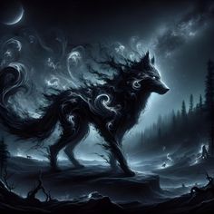 a wolf standing in the middle of a forest at night