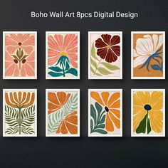 six flower prints in different colors and sizes on a black background with text that reads boho wall art 8x8 digital design