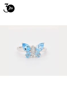 1.44ctw pear shape Swiss blue topaz and cubic zirconia rhodium over sterling silver butterfly ring. Silver Butterfly Ring, Butterfly Ring, Silver Butterfly, Swiss Blue Topaz, Pear Shape, Pear Shaped, Sterling Silver Ring, Blue Topaz, Silver Ring