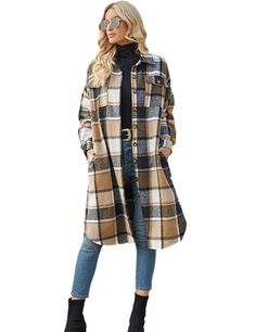 PRICES MAY VARY. Button front closure Buttoned cuffs,gingham,This taratn shacket jacket is oversized style. If you would like to wear slimly, please order one smaller size. Using comfortable,no-pilling and durable polyester shell,this relaxed fit brushed long plaid shacket coat for travel,work,nights out,leisure Classic and relaxed fit side split design,chic and elegant mid long gingham shirts coats,thick enough for spring,autumn,winter,match with blouse,tees,sweaters,jeans,leggings,sneakers,boots All of PUWEI items are US SIZE; model height:5'8'', model BWH: 33'' bust, 25'' waist,35'' hip; her size:SMALL THIS LONG PLAID SHACKET IS OVERSIZED STYLE, PLEASE ORDER ONE SIZE DOWN IF YOU WANT REGULAR FIT. Plaid Shacket, Long Coat Jacket, Gingham Shirt, Womens Jackets, Travel Work, Oversized Style, Plaid Jacket, Plaid Flannel Shirt, Sweaters And Jeans