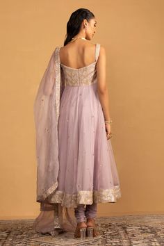 Lilac anarkali with sequins and gota work embroidery. Paired with coordinating churidaar and dupatta. - Aza Fashions Lilac Anarkali, Sequin Anarkali, Embroidered Anarkali, Gota Work, Indian Wedding Wear, Guest Attire, Wedding Attire Guest, Organza Dupatta, Georgette Fabric