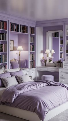 a bedroom with purple walls and white bedding, bookshelves and dressers