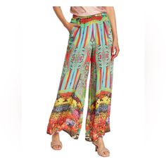 An Allover Print In A Wash Of Colors Dances Allover These Wide Leg Pants Fit With Slant Pockets. Size: Small/Medium Color: Multicolor Zip Back Slant Pockets Wide Leg Allover Print 100% Viscose Silk Hand Wash, Line Dry 14” Waist Unstretched 30.5 Inch Inseam New Palooza Pants, Wide Leg Lounge Pants, Adidas Sweats, Black And White Pants, Wide Leg Palazzo Pants, Dance Pants, Purple Pants, Cropped Wide Leg Pants, Perfect Pant