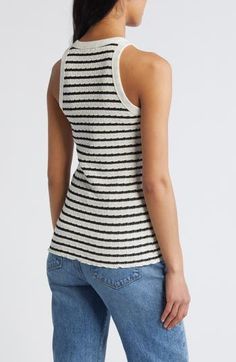 Showcase your toned shoulders in this stretchy, textured-knit tank encircled with zesty stripes. 25" length Crewneck 50% cotton, 43% polyester, 7% spandex Machine wash, dry flat Imported Toned Shoulders, Knit Tank, Striped Tank, Textured Knit, Knit Tanks, Stripes, Nordstrom, Spandex, Crew Neck