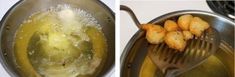 two pictures side by side with food being cooked in the same pan and on the same spoon