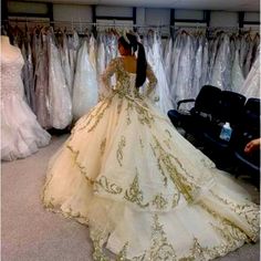 Never Worn Or Tailored. White And Gold Dress With Sleeves. Size 6. Never Worn Gold Dress With Sleeves, White And Gold Dress, Quinceanera Dresses Gold, White Gold Dress, Dress With Sleeves, Quinceanera Dresses, Gold Dress, Dresses Wedding, Quinceanera