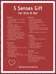 the 5 senses gift list for him and her with text overlaying it in red