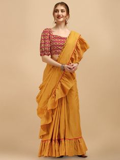 Mustard Yellow Ruffled Saree - Inddus.com Mustard Saree, Ruffled Saree, Full Sleeve Top, Ruffle Saree, Fashion Fits, Cotton Saree, Blouse Piece, Mustard Yellow, Full Sleeve