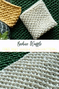 three different knitted blankets with text overlay that reads, bebeve waffle free knitting washcloth pattern