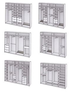 four different types of closets are shown in this drawing, each with drawers and shelves