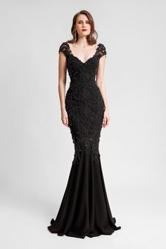 Gemy Maalouf - Mermaid Beaded Dress in Black-Dresses-Wardrobe Apparel Gemy Maalouf, Beaded Mermaid, Beaded Dress, Black Tie, Evening Wear, Cap Sleeves, Open Back, Mermaid, Dry Clean