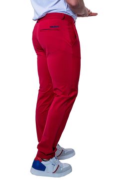 A stretchy and slim fit defines these timeless pants made for all-day comfort and endless style. Zip fly with button closure Front slant pockets; back welt pockets 85% polyamide, 15% elastane Hand wash, dry flat Made in Turkey Slim Fit Bottoms With Pockets, Stretch Elastane Work Pants For Business Casual, Fitted Elastane Work Pants With Pockets, Business Casual Elastane Pants With Pockets, Stretch Elastane Straight Work Pants, Stretch Straight Elastane Work Pants, Classic Red Bottoms For Business Casual, Stretch Elastane Ankle-length Work Pants, Stretch Ankle-length Elastane Work Pants