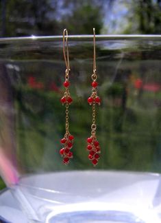 Red Coral Cluster Gold Chain Earrings Delicate Gemstone Fringe | Etsy Dainty Red Dangle Jewelry, Long Drop Earrings With Tiny Beads For Gift, Dainty Red Jewelry With Ear Wire, Elegant Red Earrings With Tiny Beads, 2022 Earrings, Coral Earring, Sundance Style Jewelry, Gold Jewelry Prom, Cluster Earring