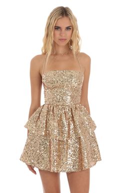 Aspen Sequin Lace Up Dress in Gold | LUCY IN THE SKY Homecoming Dresses Yellow, Backless Dress Short, Mini Homecoming Dress, Homecoming Dresses For Teens, Sequin Homecoming Dress, Mini Homecoming Dresses, Red Homecoming Dresses, Sequin Halter, Dusty Rose Dress